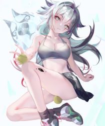 Rule 34 | 1girl, absurdres, alternate costume, animal ears, arknights, ball, bare arms, bare legs, bare shoulders, black skirt, black socks, breasts, cleavage, closed mouth, collarbone, green eyes, grey footwear, grey hair, head tilt, highres, holding, holding ball, knee up, lappland (arknights), large breasts, long hair, looking at viewer, material growth, miniskirt, nekobell, oripathy lesion (arknights), scar, scar across eye, scar on face, shoes, sitting, skirt, sneakers, socks, solo, sports bra, tennis ball, very long hair, wolf ears