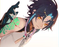 Rule 34 | 1boy, aqua hair, arm tattoo, bead necklace, beads, black gloves, black hair, blood, blood on face, cuts, eyelashes, eyeshadow, facial mark, flower, forehead mark, genshin impact, gloves, highres, injury, jesse (pixiv34586727), jewelry, looking at viewer, makeup, male focus, multicolored hair, necklace, orange eyes, red eyeshadow, simple background, sleeveless, solo, tassel, tattoo, upper body, white flower, xiao (genshin impact)