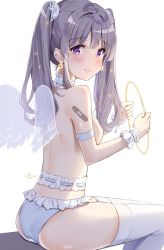 Rule 34 | 1girl, absurdres, angel wings, armband, back, backlighting, bad id, bad twitter id, bandaid, blush, breasts, choker, closed mouth, commentary, cross, earrings, feet out of frame, frilled cuffs, frilled panties, frills, grey hair, hair ornament, halo, highres, holding, idolmaster, idolmaster shiny colors, jewelry, kinako (shiratama mochi), light particles, long hair, looking at viewer, looking back, medium breasts, panties, purple eyes, sidelocks, sitting, smile, solo, star (symbol), star earrings, thighhighs, topless, twintails, twintails day, underwear, white background, white choker, white panties, white thighhighs, wings, wrist cuffs, yukoku kiriko