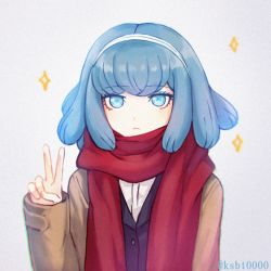 Rule 34 | 1girl, blue eyes, blue hair, blush, brown jacket, commentary request, danganronpa (series), danganronpa 3 (anime), frown, gekkogahara miaya, hairband, hajime (gitoriokawaii), hand up, jacket, looking at viewer, red scarf, scarf, scarf over mouth, simple background, solo, sparkle, twitter username, upper body, v, white background, white hairband