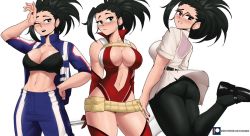 Rule 34 | 1girl, artist name, ass, belt, black eyes, black hair, blush, boku no hero academia, breasts, cleavage, collarbone, echo saber, glasses, groin, hand on own hip, jacket, large breasts, leotard, long hair, navel, open clothes, open jacket, pants, pantyhose, smile, solo, sports bra, stomach, sweat, thighs, track jacket, track pants, white background, yaoyorozu momo