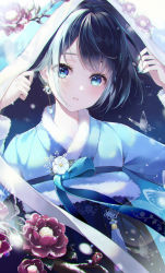 Rule 34 | 1girl, absurdres, arm up, black hair, blue eyes, blue nails, blurry, blurry background, blush, bug, butterfly, depth of field, earrings, eyebrows hidden by hair, floral print, flower, fur trim, glint, hanbok, hand up, highres, insect, jewelry, korean clothes, looking at viewer, nail polish, original, parted lips, red flower, short hair, solo, white flower, yuna (deadawon)