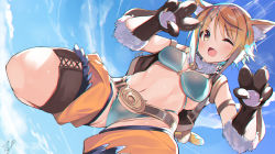 Rule 34 | 1girl, ;d, adapted costume, animal ear fluff, animal ears, animal hands, bad id, bad pixiv id, bare shoulders, bell, belt, bikini, blonde hair, blue sky, blush, breasts, brown belt, cat ears, cat paws, cat tail, claw pose, cleavage, cloud, commentary request, covered erect nipples, cowboy shot, day, fur-trimmed gloves, fur collar, fur trim, gloves, green bikini, groin, hair between eyes, hair ornament, hairclip, highleg, highleg bikini, highres, hiyori (princess connect!), looking at viewer, medium breasts, midriff, navel, noto kurumi, one eye closed, open mouth, paw gloves, princess connect!, short hair, short hair with long locks, shorts, sidelocks, signature, sky, smile, solo, standing, standing on one leg, swimsuit, tail, vest, yellow eyes, yellow shorts, yellow vest