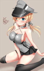 Rule 34 | 10s, 1girl, adapted costume, anchor hair ornament, aqua eyes, arched back, armpit peek, backless outfit, bad id, bad pixiv id, bare arms, bare shoulders, black ribbon, black skirt, black thighhighs, blonde hair, blush, breasts, brown background, cleavage, closed mouth, collarbone, grey hat, hair between eyes, hair ornament, hair over one eye, hair ribbon, halterneck, hat, impossible clothes, jotarozaku, kantai collection, large breasts, long hair, looking at viewer, looking up, low twintails, microskirt, military hat, peaked cap, pleated skirt, prinz eugen (kancolle), ribbon, shadow, sideboob, signature, simple background, sitting, skirt, smile, solo, thighhighs, twintails, wariza