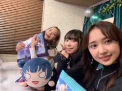 Rule 34 | 3girls, indoors, kobayashi aika, komiya arisa, looking at viewer, multiple girls, photo (medium), sitting, takatsuki kanako, voice actor