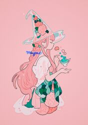 Rule 34 | 1girl, absurdres, artist name, braid, closed eyes, cup, dress, drink, floating, floating object, flower, from side, hat, highres, leaf, leaf print, long hair, meyoco, original, pink background, pink dress, pink flower, pink hair, profile, see-through, simple background, solo, sparkle, upper body, witch hat