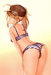 Rule 34 | 1girl, absurdres, artoria pendragon (fate), ass, bare shoulders, baseball cap, blonde hair, bra, fate/grand order, fate (series), gradient background, green eyes, hat, highres, long hair, looking at viewer, looking back, mashuu (neko no oyashiro), mysterious heroine x (fate), panties, scan, simple background, solo, striped bra, striped clothes, striped panties, underwear, underwear only