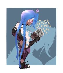 Rule 34 | 1girl, absurdres, arcane: league of legends, bare shoulders, blue hair, blue nails, blush, braid, brown footwear, brown gloves, cloud tattoo, fingerless gloves, from above, gloves, heart, highres, holding, holding paper, jinx (league of legends), league of legends, long hair, nail polish, pants, paper, pink pants, shoes, shoulder tattoo, solo, squiggle, standing, striped clothes, striped pants, tattoo, twin braids, very long hair, wlw0nderland