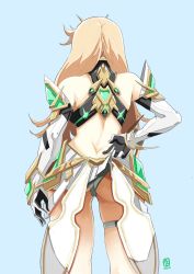 Rule 34 | 1girl, ass, automatic giraffe, back cutout, blonde hair, butt crack, clothes lift, clothing cutout, detached sleeves, from behind, gloves, long hair, miniskirt, mythra (xenoblade), panties, pleated skirt, skirt, skirt lift, solo, standing, thigh gap, thigh strap, tiara, underwear, xenoblade chronicles (series), xenoblade chronicles 2