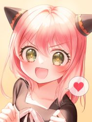 Rule 34 | + +, 1girl, 723/nanahumi, :d, anya (spy x family), bad id, bad pixiv id, black dress, blush, bow, brown background, child, collarbone, commentary request, dress, green eyes, hair between eyes, heart, long hair, looking at viewer, open mouth, pink hair, simple background, smile, solo, spoken heart, spy x family, upper body, v-shaped eyebrows, white bow