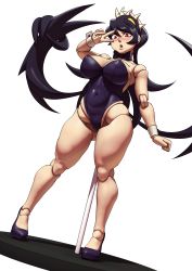 Rule 34 | 1girl, bad id, bad pixiv id, black hair, breasts, cleavage, covered erect nipples, detached collar, doll joints, double v, filia (skullgirls), high heels, highres, john doe, joints, legs, leotard, long hair, mini person, minigirl, playboy bunny, prehensile hair, red eyes, skullgirls, solo, thighs, v, v over eye, very long hair, white background