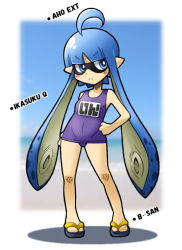 Rule 34 | 1girl, ahoge, bare arms, bare shoulders, blue eyes, blue hair, blunt bangs, blush, breasts, bright pupils, contrapposto, eyebrows, frown, full body, hand on own hip, inkling, inkling girl, inkling player character, legs apart, long hair, name tag, nintendo, one-piece swimsuit, pointy ears, purple one-piece swimsuit, rascal (feuille), sandals, school swimsuit, shadow, short hair with long locks, small breasts, solo, splatoon (series), splatoon 1, standing, suction cups, swimsuit, tentacle hair, v-shaped eyebrows, very long hair, white pupils