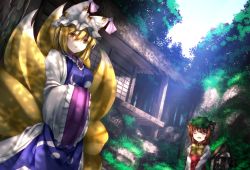 Rule 34 | 2girls, animal ears, animal hat, architecture, blonde hair, bow, brown hair, cat ears, cat tail, chen, closed eyes, dappled sunlight, dress, dutch angle, earrings, east asian architecture, forest, fox tail, grass, hands in opposite sleeves, hat, hat ribbon, hat with ears, hokora (shrine), jewelry, looking at viewer, minamina, mob cap, multiple girls, multiple tails, nature, open mouth, outdoors, mob cap, ribbon, rock, short hair, single earring, sliding doors, sunlight, tabard, tail, touhou, triangle mouth, v arms, veranda, yakumo ran, yellow eyes