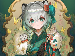 Rule 34 | 1girl, 2022, animal, animal ears, arrow (projectile), bell, black gloves, blue flower, blue rose, braid, bug, butterfly, chinese zodiac, closed mouth, commentary request, floral print, flower, fur collar, gloves, green eyes, green kimono, grey hair, hair bell, hair between eyes, hair flower, hair ornament, hair over shoulder, hayama eishi, holding, holding arrow, insect, japanese clothes, jingle bell, kimono, long hair, looking at viewer, obi, original, print kimono, rose, sash, single braid, smile, solo, tiger ears, upper body, year of the tiger