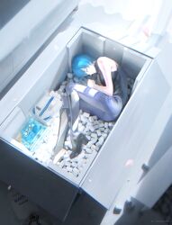 Rule 34 | 1boy, absurdres, android, blue hair, boots, box, closed eyes, fetal position, folded clothes, high heel boots, high heels, highres, in box, in container, kaito (vocaloid), kaito (vocaloid3), male focus, nico1016, package, packing peanuts, pants, science fiction, short hair, sleeping, sleeveless, sleeveless turtleneck, solo, turtleneck, vocaloid