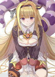 Rule 34 | 1girl, ahoge, asymmetrical legwear, barefoot, black bow, black hairband, black jacket, black thighhighs, blonde hair, blouse, blunt bangs, blush, bow, bowtie, braid, breasts, bright pupils, brooch, chain, chain necklace, cleavage, cleavage cutout, closed mouth, clothing cutout, collared shirt, diagonal-striped bow, dragon girl, dragon horns, dragon tail, dragon wings, from above, gradient eyes, hair ornament, hairband, hands on floor, hands on ground, highres, hip vent, hololive, horn bow, horn ornament, horns, jacket, jewelry, kiryu coco, kiryu coco (1st costume), long hair, looking at viewer, miniskirt, multicolored bow, multicolored eyes, multicolored hair, natsuki (natukituki), necklace, orange hair, pleated skirt, pointy ears, purple eyes, red eyes, red skirt, scales, shirt, side braid, simple background, single braid, single thighhigh, sitting, skirt, smile, solo, streaked hair, striped, tail, thigh strap, thighhighs, uneven legwear, very long hair, virtual youtuber, wariza, white bow, white shirt, wings