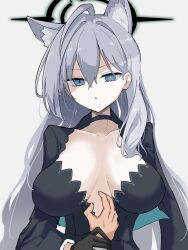 Rule 34 | ahoge, animal ears, black choker, black dress, blue archive, blue eyes, breasts, bright pupils, choker, cleavage, collarbone, disgust, dress, grabbing another&#039;s hand, grey hair, hair between eyes, halo, highres, katsuhiko (bone hiko), large breasts, long hair, looking at viewer, mechanical halo, messy hair, official alternate costume, open mouth, plunging neckline, shaded face, shiroko (blue archive), shiroko terror (blue archive), upper body, very long hair, white pupils