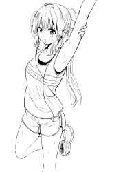 Rule 34 | 1girl, armpits, arms up, attsun (atsushi jb), blush, breasts, collarbone, dolphin shorts, earbuds, earphones, greyscale, gym shorts, highres, leg up, lineart, long hair, looking at viewer, medium breasts, monochrome, open mouth, original, ponytail, shoes, short shorts, shorts, sneakers, solo, standing, standing on one leg, stretching, sweat, tank top