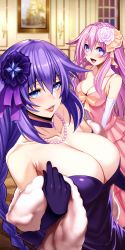 Rule 34 | 2girls, absurdres, bare shoulders, blue eyes, blush, breasts, cleavage, female focus, hair ornament, highres, large breasts, long hair, looking at viewer, multiple girls, nepgear, neptune (neptunia), neptune (series), nyamota, open mouth, parted lips, pink hair, purple hair, purple heart (neptunia), purple sister, smile