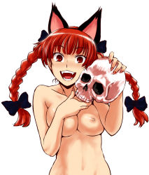 Rule 34 | 1girl, animal ears, bow, braid, breasts squeezed together, breasts, cat ears, cat girl, excited, extra ears, fangs, female focus, fingernails, hair bow, happy, highres, holding, itou yuuji, kaenbyou rin, nipples, nude, open mouth, red eyes, red hair, sharp fingernails, short hair, skull, slit pupils, smile, solo, touhou, twin braids, twintails, white background, wide-eyed