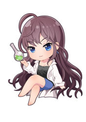 Rule 34 | 1girl, :3, absurdres, ahoge, black hair, blue eyes, breasts, chibi, cleavage, dopamine70, earrings, flask, full body, highres, ichinose shiki, idolmaster, idolmaster cinderella girls, jewelry, lab coat, long hair, looking at viewer, no nose, round-bottom flask, simple background, solo, very long hair, white background