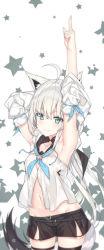 Rule 34 | 1girl, absurdres, ahoge, animal ears, armpits, arms up, bare shoulders, belt, black shorts, black thighhighs, blue neckerchief, blush, breasts, closed mouth, collarbone, cowboy shot, crop top, detached collar, detached sleeves, fox ears, fox girl, fox tail, green eyes, groin, hair between eyes, highres, hololive, index finger raised, jyt, long hair, looking at viewer, midriff, navel, neckerchief, shirakami fubuki, shirakami fubuki (1st costume), short shorts, shorts, silver hair, single thighhigh, small breasts, smile, solo, standing, star (symbol), stomach, tail, thigh strap, thighhighs, very long hair, virtual youtuber