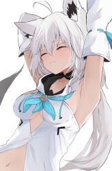Rule 34 | 1girl, animal ears, armpits, breasts, closed eyes, closed mouth, commentary, commentary request, detached sleeves, english commentary, fox ears, fox girl, highres, hololive, long hair, medium breasts, mixed-language commentary, navel, shirakami fubuki, shirakami fubuki (1st costume), shuuzo3, simple background, solo, upper body, virtual youtuber, white background, white hair, white sleeves