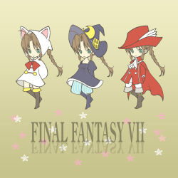 Rule 34 | 1girl, aerith gainsborough, ahoge, alternate costume, animal ears, animal hoodie, arms behind back, black dress, black mage (final fantasy), boots, bow, braid, brown hair, cape, cat ears, chibi, completely nude, dress, final fantasy, final fantasy vii, flower, green eyes, hat, hat flower, hood, hoodie, jacket, long hair, nude, pants, parted bangs, poyon, red bow, red cape, red headwear, red jacket, red mage (final fantasy), sidelocks, smile, square enix, striped clothes, striped pants, white hoodie, white mage (final fantasy), witch hat, yellow background