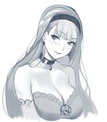 Rule 34 | 1girl, absurdres, blush, breasts, choker, cleavage, copyright request, deras, flower, greyscale, hairband, highres, large breasts, looking at viewer, monochrome, parted lips, rose, simple background, sketch, smile, solo, upper body, white background