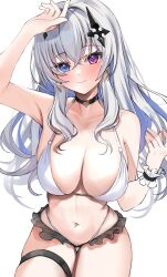 Rule 34 | 1girl, absurdres, arm up, bare arms, bare shoulders, bikini, black choker, blue eyes, blue hair, blush, breasts, choker, colored inner hair, cross-shaped pupils, crossed bangs, earrings, frilled bikini, frills, grey hair, hair between eyes, hair ornament, halterneck, hand up, heterochromia, highleg, highleg bikini, highres, invisible chair, jewelry, large breasts, layered bikini, long hair, looking at viewer, multicolored hair, navel, nemun (tamizzz), neo-porte, pink eyes, simple background, sitting, skindentation, smile, solo, stomach, swimsuit, symbol-shaped pupils, tentei forte, thigh strap, two-tone hair, virtual youtuber, white background, white bikini, wrist cuffs