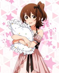 Rule 34 | 1girl, bare shoulders, blush, bracelet, brown hair, collarbone, cowboy shot, detached sleeves, dot nose, double-parted bangs, flipped hair, floral print, flower, frilled negligee, frills, hair between eyes, hair flower, hair ornament, hairpin, halterneck, hugging object, idolmaster, idolmaster million live!, idolmaster million live! theater days, jewelry, kasuga mirai, layered nightgown, looking at viewer, medium hair, official alternate costume, official art, open mouth, pillow, pink negligee, puffy detached sleeves, puffy sleeves, ribbon-trimmed sleeves, ribbon trim, rose print, sexy beautiful (idolmaster), side ponytail, sidelocks, smile, solo, standing, yellow eyes