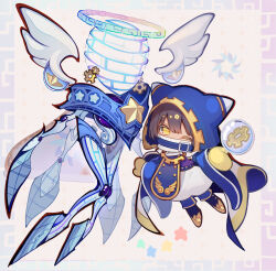 Rule 34 | 1boy, blue cape, blue footwear, boots, brown hair, bubble, cape, gears, gloves, highres, kirby (series), looking at viewer, lor starcutter, magolor, mi (mm), nintendo, one eye closed, personification, simple background, solo, star (symbol), white background, white tunic, white wings, wings, yellow eyes, yellow gloves