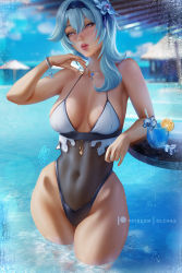 Rule 34 | 1girl, blue hair, blush, bracelet, breasts, breasts apart, day, eula (genshin impact), facing viewer, food, fruit, genshin impact, glass, hair between eyes, highleg, highleg swimsuit, ice, ice cube, jewelry, large breasts, lemon, lemon slice, lips, long hair, navel, necklace, olchas, one-piece swimsuit, outdoors, parted lips, pool, purple eyes, see-through, solo, standing, sweat, swimsuit, table, water, watermark