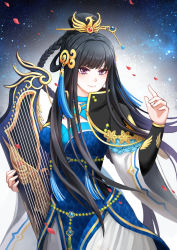 Rule 34 | 1girl, black hair, blue dress, braid, chinese clothes, dress, highres, instrument, jewelry, long hair, mu tian ming, purple eyes, solo, thunderbolt fantasy, xunling
