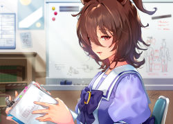Rule 34 | 1girl, agnes tachyon (umamusume), animal ears, blouse, book, bow, bowtie, brown hair, commentary request, hair between eyes, highres, horse ears, horse girl, indoors, looking at viewer, puffy short sleeves, puffy sleeves, purple shirt, red eyes, sailor collar, school uniform, shirt, short hair, short sleeves, solo, tracen school uniform, umamusume, upper body, whiteboard, yanyo (ogino atsuki)