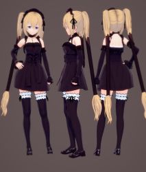 Rule 34 | 1girl, 3d, black thighhighs, blonde hair, blue eyes, breasts, closed mouth, ekaterina kurae, female focus, full body, gothic lolita, lolita fashion, long hair, looking at viewer, seikon no qwaser, simple background, small breasts, standing, thighhighs, twintails