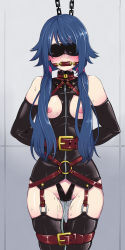 Rule 34 | 1girl, arms behind back, bdsm, bit gag, blindfold, blue hair, blush, bondage, borrowed character, bound, breasts, chain, collar, cowboy shot, elbow gloves, fukami nana (awono nanaumi), gag, gagged, gloves, hanauna, harness, highres, leather, long hair, looking at viewer, nipples, original, pussy juice, small breasts, solo, standing, thighhighs, twintails
