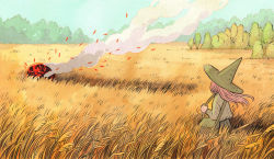 Rule 34 | 1girl, bag, blue sky, day, embers, grass, grey sweater, hat, heikala, inktober, long hair, long sleeves, meteor, original, outdoors, pink hair, shoulder bag, sky, smoke, solo, sweater, tall grass, tree, witch hat