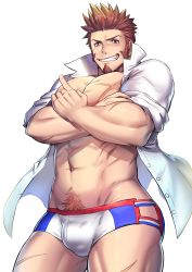 Rule 34 | 1boy, abs, bara, blue eyes, blue male swimwear, brown hair, bulge, commentary request, cowboy shot, crossed arms, dress shirt, epaulettes, facial hair, fate/grand order, fate (series), french flag print, goatee, grin, highres, large pectorals, long sideburns, looking at viewer, male focus, male swimwear, muscular, muscular male, napoleon bonaparte (fate), navel, navel hair, no pants, open clothes, partially unbuttoned, pectoral cleavage, pectorals, print male swimwear, scar, scar on leg, scar on stomach, shirt, short hair, sideburns, simple background, sleeves pushed up, smile, solo, spiked hair, swim briefs, teeth, thick thighs, thighs, waku (ayamix), white background, white male swimwear, white shirt