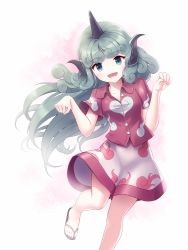 Rule 34 | 1girl, :d, animal ears, cloud print, commentary request, curly hair, green eyes, green hair, heart, horns, kariyushi shirt, komano aunn, leaning to the side, long hair, looking at viewer, minust, open mouth, paw pose, red shirt, sandals, shirt, short sleeves, shorts, single horn, smile, solo, touhou, very long hair