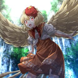 Rule 34 | 1girl, absurdres, animal, animal on head, bird, bird wings, blonde hair, brown dress, chick, day, dress, feathered wings, highres, kakutasu (akihiron cactus), light particles, looking at viewer, medium hair, multicolored hair, niwatari kutaka, on head, open mouth, outdoors, outstretched arms, puffy short sleeves, puffy sleeves, red eyes, red hair, shirt, short sleeves, solo, summer, touhou, two-tone hair, white shirt, wings