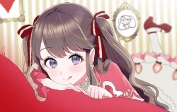 Rule 34 | 1girl, blurry, blurry background, brown hair, doodle inset, dress, food print, foot up, frilled dress, frilled sleeves, frills, fujishima megumi, hair ribbon, highres, kaonmoeon (xx0k), licking lips, link! like! love live!, lolita fashion, love live!, lying, on stomach, purple eyes, red footwear, ribbon, sidelocks, signature, solo, strawberry print, striped, striped background, tongue, tongue out, two side up