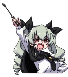 Rule 34 | 1girl, anchovy (girls und panzer), anzio school uniform, arm up, black coat, brown hair, coat, drill hair, emblem, girls und panzer, green hair, hand on own hip, hanya (hanya yashiki), holding, holding pointer, long hair, looking at viewer, open mouth, pointer, school uniform, shiny skin, shirt, smile, solo, twintails, very long hair, white background, white shirt