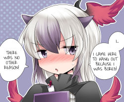 Rule 34 | 1girl, blush, book, commentary request, hammer (sunset beach), hard-translated, head wings, horns, multicolored hair, open mouth, purple eyes, purple hair, short hair, silver hair, solo, third-party edit, tokiko (touhou), touhou, translated, tsundere, two-tone hair, wings