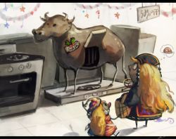Rule 34 | 2girls, basket, blonde hair, brazen bull, bull, christmas ornaments, clownpiece, commentary, english text, food, hat, jester cap, junko (touhou), koto inari, letterboxed, long hair, multiple girls, oven, sale, shopping, short hair, star (symbol), thought bubble, touhou, turkey (food), wings