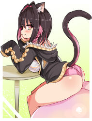 Rule 34 | 1girl, animal ears, ass, black hair, black jacket, braid, cat ears, cat girl, cat tail, closed mouth, cougar (cougar1404), elbow rest, food, from side, fruit, hair intakes, head rest, hood, hood down, hooded jacket, jacket, leaning forward, leo (cougar1404), looking at viewer, multicolored hair, no pants, original, oversized object, panties, peach, pink hair, pink panties, shirt straps, short hair, side braid, sitting, sleeves past fingers, sleeves past wrists, smile, solo, table, tail, two-tone hair, underwear, wedgie, yellow eyes