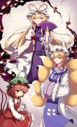 Rule 34 | 3girls, :d, animal ears, animal hat, blonde hair, blush, bow, bowtie, breasts, brown eyes, brown hair, cat ears, cat tail, chen, crack, feet out of frame, fox ears, fox tail, frills, gap (touhou), hand fan, hat, highres, holding, holding fan, large breasts, looking at viewer, mob cap, multiple girls, multiple tails, nekomata, open mouth, mob cap, red eyes, small breasts, smile, snozaki, tabard, tail, touhou, two tails, white neckwear, yakumo ran, yakumo yukari, yellow eyes