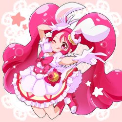 Rule 34 | 10s, 1girl, ;q, animal ears, boots, bow, rabbit ears, cake hair ornament, choker, cure whip, dress, earrings, food-themed hair ornament, full body, gloves, hair ornament, hairband, jumping, kirakira precure a la mode, long hair, looking at viewer, magical girl, one eye closed, pink background, pink bow, pink eyes, pink footwear, pink hair, pink hairband, pink neckwear, pom pom (clothes), pom pom earrings, precure, solo, star (symbol), tongue, tongue out, twintails, usami ichika, v, white dress, white gloves, yoshishi (yosisitoho)