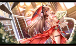 Rule 34 | 1girl, absurdres, amagi (azur lane), animal ear fluff, animal ears, armband, ass, azur lane, bare shoulders, bareback, black border, blunt bangs, border, bouquet, breasts, brown border, brown hair, commentary request, dress, earrings, flower, fox ears, frilled dress, frills, hair ornament, head tilt, highres, holding, holding bouquet, holding umbrella, huge breasts, indoors, jewelry, jfzm001, kitsune, kyuubi, large breasts, long hair, looking at viewer, looking back, multiple tails, oil-paper umbrella, parted bangs, plant, purple eyes, red dress, short eyebrows, sideboob, sleeveless, sleeveless dress, spiral staircase, stairs, tail, thigh strap, umbrella, very long hair, wall, window