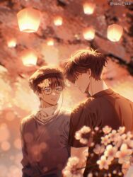 Rule 34 | 2boys, bespectacled, black shirt, brown hair, cherry blossoms, chromatic aberration, commentary, english commentary, glasses, hat, highres, kim dokja, lantern, looking at another, male focus, multiple boys, omniscient reader&#039;s viewpoint, outdoors, shirt, short hair, smile, taozi tea, yaoi, yoo joonghyuk